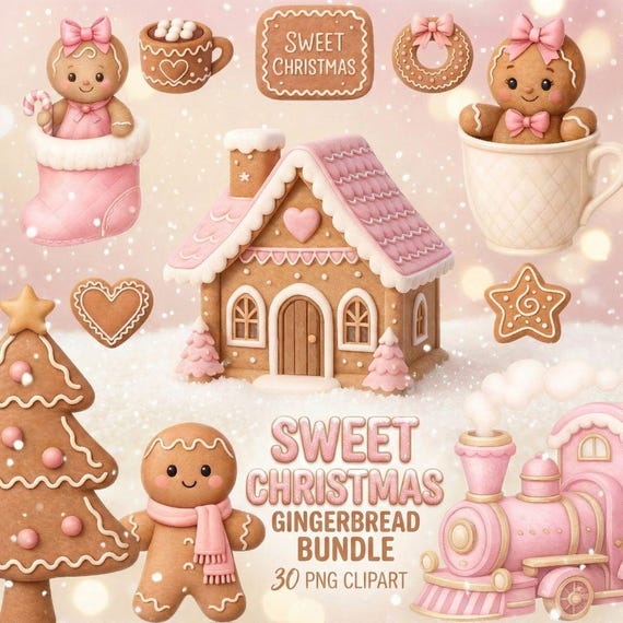 Cute Gingerbread Clipart 30 PNG | Pink Christmas Cookies | Sweet Holiday Bakery | Christmas Cookie Clipart Bundle