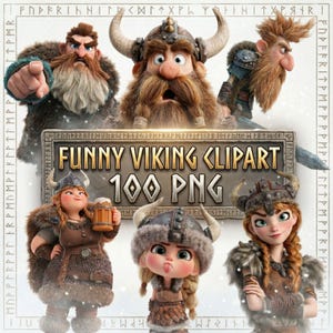May include: A digital illustration featuring six cartoon Viking characters. The image includes the text "FUNNY VIKING CLIPART 100 PNG". The Vikings are depicted with horned helmets, fur, and various expressions.