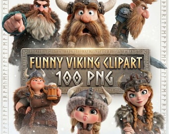 Funny Vikings-clipartbundel 100 png, 3D-stripfiguren, humoristische illustraties