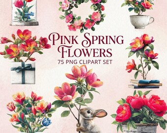Roze bloem clipart 75 PNG-bundel, bloemenillustraties, lentebloemen, botanische clipart, commercieel gebruik
