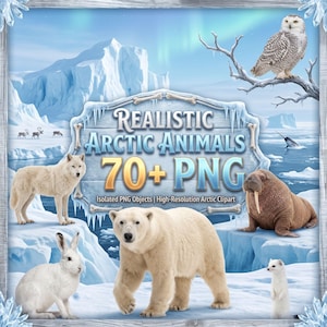 Op de afbeelding: Een digitale collectie van meer dan 70 realistische arctische dieren PNG-afbeeldingen met een ijsbeer, sneeuwuil, walrus, arctische wolf, arctische haas en hermelijn. De centrale tekst luidt Realistic Arctic Animals 70+ PNG Isolated PNG Objects.
