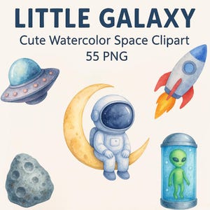 Niedliche Galaxie Aquarell Clipart – 55 Weltraum PNG Elemente: Sterne, Planeten, Monde, Raketen Astronauten | Weltraum Clipart für Kinder