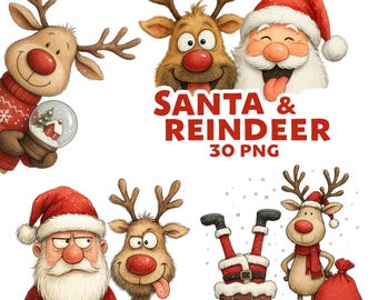 Kerstclipart 30 Aquarel, kerstman en rendier, grappige gezichten, feestelijke elementen, kerstman clipart