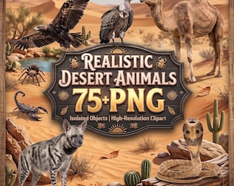 Realistic Desert Animals 75+ PNG Clipart, Desert Wildlife Bundle, Camel, Fennec Fox, Reptiles, Birds & Cactus Sublimation PNG