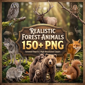 May include: A digital graphic featuring a central wooden sign with the text REALISTIC FOREST ANIMALS 150+ PNG Isolated Objects | High-Resolution Clipart. Surrounding the sign are illustrations of an owl, elk, spider, wolf, bear, fox, rabbit, and squirrel.