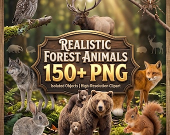 Realistische bosdieren: meer dan 150 PNG-clipart, bosdierenbundel, boswezens, wilde dieren, vogels, insecten en natuurafbeeldingen (sublimatie-PNG).