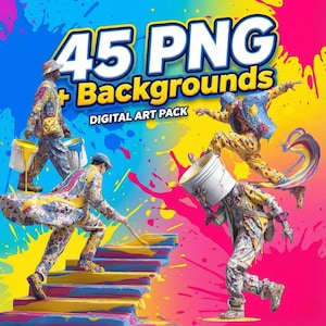 May include: A vibrant digital art pack advertisement. The image features figures in paint-splattered suits, interacting with paint and stairs. Text reads "45 PNG + Backgrounds DIGITAL ART PACK" against a colorful backdrop of yellow, blue, and pink paint splatters.