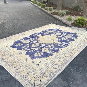 Vintage Turkish Oushak Rug: Large Beige & Blue Wool Area Rug (7.4x11 ft