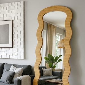Asymmetrical Full Length Mirror: Handcrafted Natural Wood, Wavy Design