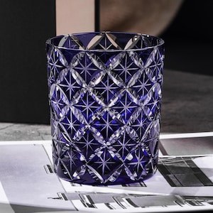 Hand-Cut Japanese Shippo Whisky Tumbler, Edo Kiriko Engraved Crystal Rocks Glass, Unique Colored Bourbon Glass with Gift Box, Gifts for Him