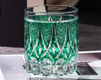 Unique Green Whiskey Rocks Glass Hand-Cut Crystal Tumbler, Vintage Home Bar Gift, Bourbon Scotch Glass with Gift Box, Bourbon Gift for Men