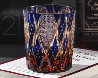 Hand-Cut Luxury Blue Lightning Whiskey Glass, Edo Kiriko Japanese Bourbon Tumbler, Unique Vintage Barware, Gift for Him, Gift Box Included