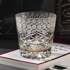 Hand-Cut Kiriko Luxury Whiskey Glass, Engraved Vintage Crystal Scotch Glass, Japanese Colored Barware, Unique Bourbon Tumbler with Gift Box