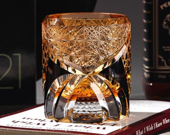 Old-Fashioned Japanese Crystal Whiskey Glass, Luxury Amber Black Rocks Glass, Home Bar Bourbon Gift for Him, Home Barware with Gift Box