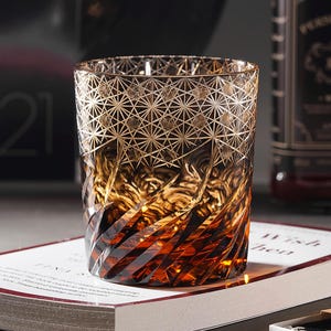 Hand-Craved Edo Kiriko Crystal Whiskey Glass, Vintage Cocktail Tumbler, Japanese Style Drinkware, Unique Drinking Glass, Father&#39;s Day Gift