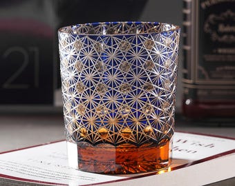 Hand Cut Edo Kiriko Crystal Whisky Glass, Vintage Blue Bourbon Cocktail Glass, Japanese Style Drinkware, Wine Drinking Glass with Gift Box