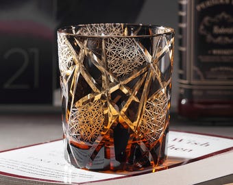 Hand Cut Black Edo Kiriko Crystal Whisky Glass, Bourbon Cocktail Glass, Japanese Style Barware, Vintage Wine Drinking Glass with Gift Box