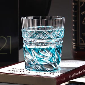 Hand-Cut Blue Swirl Whiskey Glass, Japanese Satsuma Kiriko Crystal Old-Fashioned Rocks Glass, Luxury Bourbon Gift for Him with Gift Box