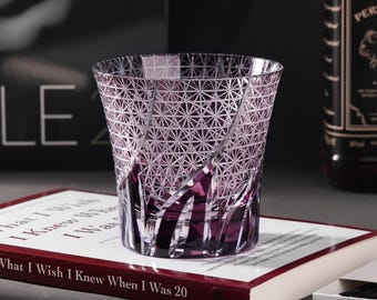 Hand Cut Purple Flame Edo Kiriko Crystal Glass, Vintage Whisky Glass, Japanese Barware Wine Cup, Drinking Glass in Gift Box,Gift for Husband
