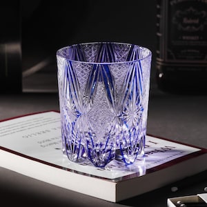 Hand Cut Edo Kiriko Blue Crystal Whisky Glass, Vintage Bourbon Cocktail Glassware, Japanese Retro Style Barware, Drinkware Cup with Gift Box