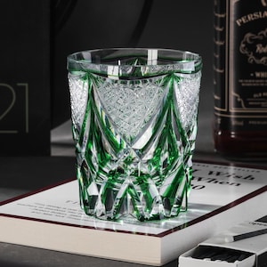 Hand Cut Edo Kiriko Green Whiskey Glass, Engraved Vintage Crystal Barware, Japanese Colored Bar Glasses, Cocktail Drinking Glasses Gift Idea