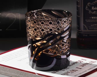Hand Cut Flowing Edo Kiriko Whisky Glass, Bourbon Crystal Glasses, Japanese Style Barware Whisky Glass, Vintage Drinking Glass with Gift Box