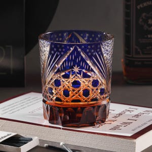 Hand Cut Edo Kiriko Stellar Crystal Whisky Glass, Engraved Retro Bourbon Whiskey Tumblers, Old Fashioned Barware Collection with Gift Box