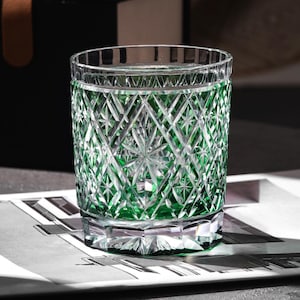 Diamond-Cut Edo Kiriko Green Rocks Glass, Old Fashioned Crystal Tumbler, Engraved Japanese Style Whisky Glass, Barware Gift for Him with Box