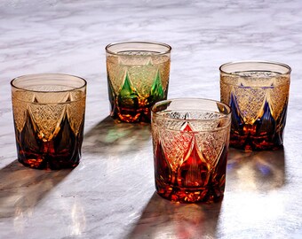 Handmade Red Edo Kiriko Crystal Whiskey Glass – 11oz, Chrysanthemum Pattern, Art Deco