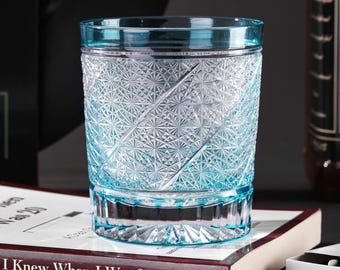 Hand-Cut Edo Kiriko Blue Whisky Glass: Old Fashioned Bourbon Gift for Home Bar, Unique Japanese Crystal Barware with Gift Box
