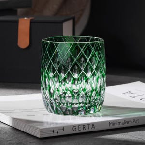 Hand Cut Edo Kiriko Green Whisky Glasses, Rocks Crystal Whisky Glass, Japanese Style Wine Cup, Vintage Bourbon Drinking Glass with Gift Box