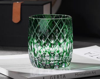 Hand Cut Edo Kiriko Green Whisky Glasses, Rocks Crystal Whisky Glass, Japanese Style Wine Cup, Vintage Bourbon Drinking Glass with Gift Box