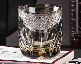 Engraved Japanese Gray Whiskey Glass, Vintage Edo Kiriko Crystal Rocks Glass, Scotch Tumbler for Whisky Lovers Comes with Gift Box
