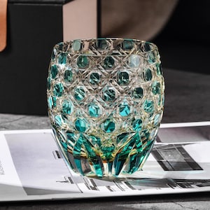 Hand-Cut Premium Amber Whiskey Tumbler, Vintage Kiriko Green Crystal Glass, Japanese Bourbon Glass, Unique Home Bar Collection, Gift for Him