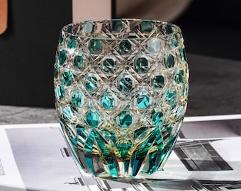 Hand-Cut Premium Amber Whiskey Tumbler, Vintage Kiriko Green Crystal Glass, Japanese Bourbon Glass, Unique Home Bar Collection, Gift for Him