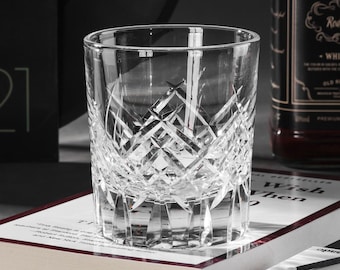 Hand-Cut Edo Kiriko Clear Whiskey Glass, Unique Crystal Rocks Tumbler, Japanese Style Scotch Glasses, Vintage Barware Gift with Gift Box