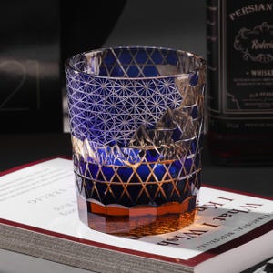 Hand Cut Edo Kiriko Whisky Glass, Blue Bourbon Crystal Glasses, Japanese Style Whisky Barware Cup Set, Vintage Rocks Glass with Gift Box