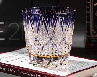 Bicchiere da whisky di lusso Kiriko giapponese, tagliato a mano, con incisioni in cristallo colorato, stile vintage, ideale per bar domestici e bourbon, completo di confezione regalo.