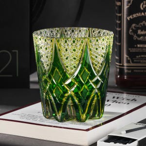 Hand Cut Kiriko Unique Whiskey Glass, Engraved Vintage Green Crystal Glasses, Japanese Colored Barware, Bourbon Drinking Cups with Gift Box