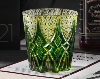 Hand Cut Kiriko Unique Whiskey Glass, Engraved Vintage Green Crystal Glasses, Japanese Colored Barware, Bourbon Drinking Cups with Gift Box