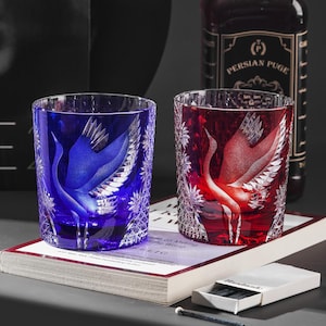 Hand-Carved Crane Whiskey Glass, Vintage Crystal Rocks Glass, Japanese Animal Barware Gift for Spirit Lovers, Drinking Glass with Gift Box