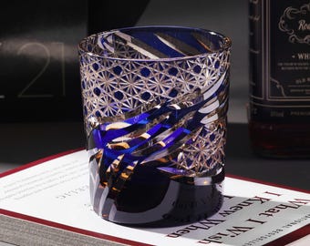 Hand Cut Flowing Edo Kiriko Whisky Glasses, Bourbon Crystal Glass, Japanese Style Whisky Barware Set, Vintage Drinking Glass with Gift Box