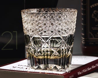 Japanese Gem-Cut Lowball Whiskey Glass, Vintage Colored Crystal Tumbler, Home Bar Gift For Bourbon and Whiskey Lovers, Gift Box Included