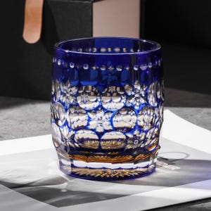 Hand Cut Unique Luxury Whiskey Glass, Edo Kiriko Blue Crystal Glasses, Japanese Style Barware Set, Vintage Drinking Tumbler with Gift Box