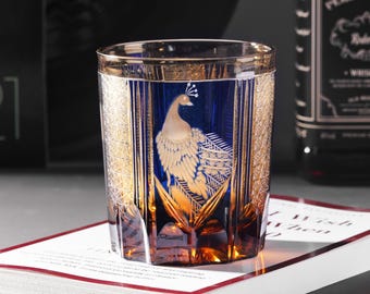 Hand Cut Edo Kiriko Peacock Emerald Whisky Glass, Blue Vintage Glassware, Japanese Colored Drinkware, Cocktail Drinking Glass with Gift Box