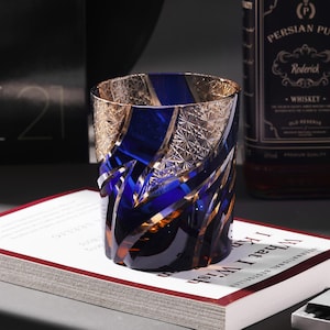 Hand Cut Blue Flame Edo Kiriko Whisky Glasses, Retro Crystal Glass, Japanese Style Barware Cup, Vintage Handmade Wine Glass with Gift Box