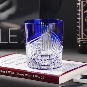 Hand Cut Blue Edo Kiriko Crystal Glass, Rocks Whisky Glasses, Japanese Style Barware Retro Cup, Vintage Handmade Wine Glass with Gift Box