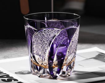 Hand Cut Edo Kiriko Crystal Whisky Glass, Vintage Glassware, Luxury Barware, Japanese Colored Drinkware, Cocktail Drink Glass with Gift Box