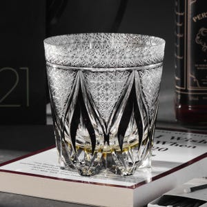 Hand-Cut Edo Kiriko Black Scotch Whiskey Glass, Vintage Bourbon Crystal Tumbler, Japanese Style Barware, Unique Gift for Men Spirits Lovers