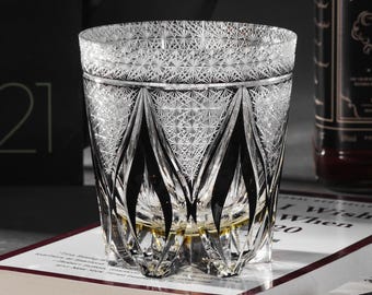 Hand-Cut Edo Kiriko Black Scotch Whiskey Glass, Vintage Bourbon Crystal Tumbler, Japanese Style Barware, Unique Gift for Men Spirits Lovers